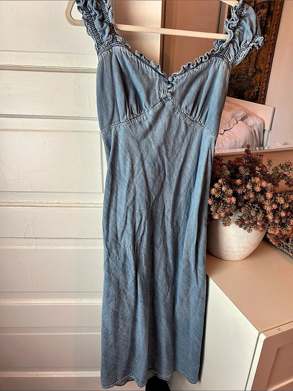 Gap Smocked Flutter Sleeve Denim Midi Dress Blue XS